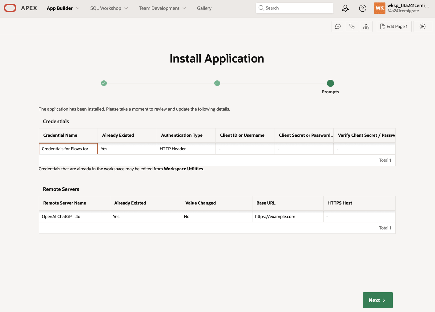 Install packaged app - credentials and servers