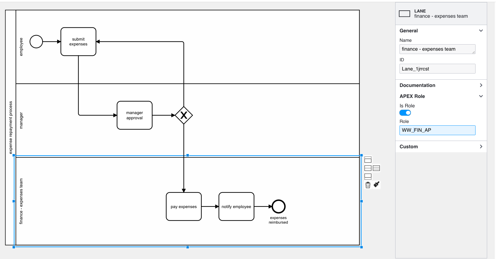 screenshot - setting the BPMN lane to be a role