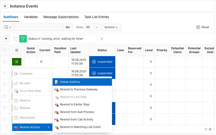 Subflow Rewind Actions Menu